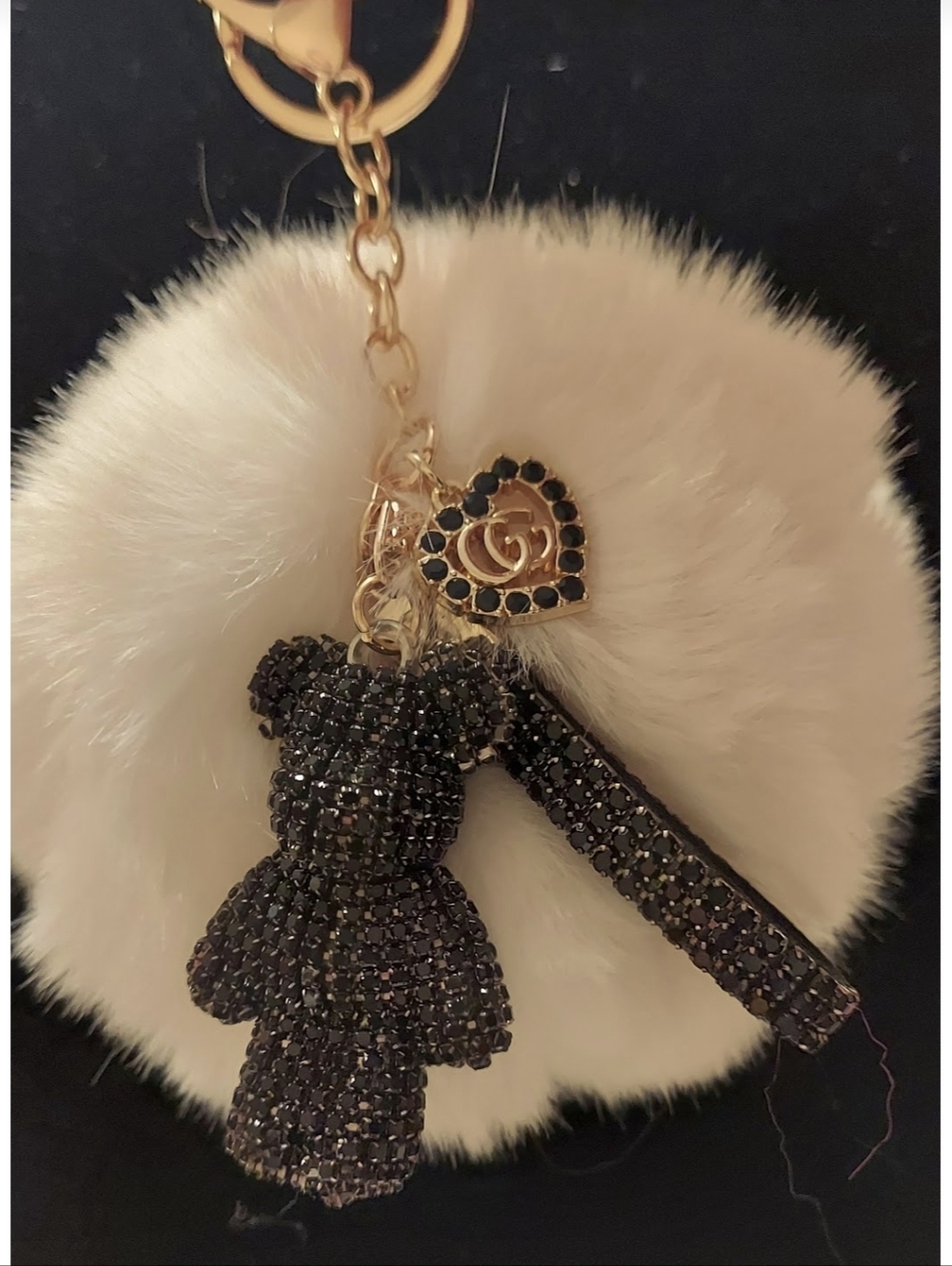 Designer Style White Pom Pom Fur Rhinestone Black Bear Keychain Bag Charm